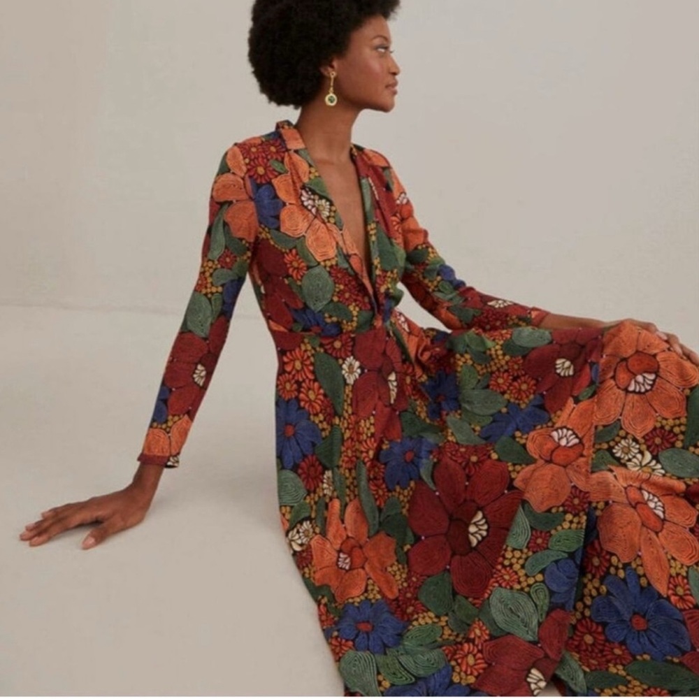 Farm Rio Black Stitched Flowers V Neck Maxi Dress